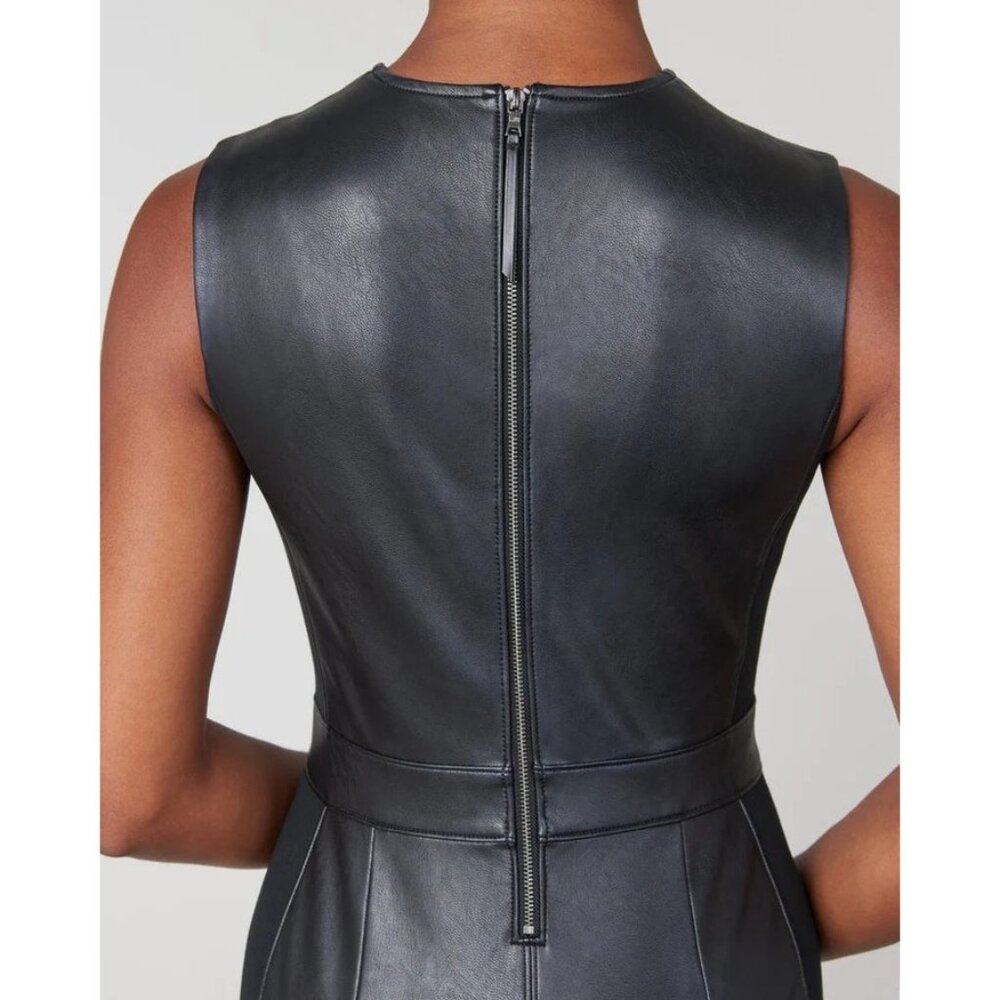 SPANX Dress Black Leather Like Combo Fitted M Delux Sheath Sleeveless 2039 - Picture 6 of 16